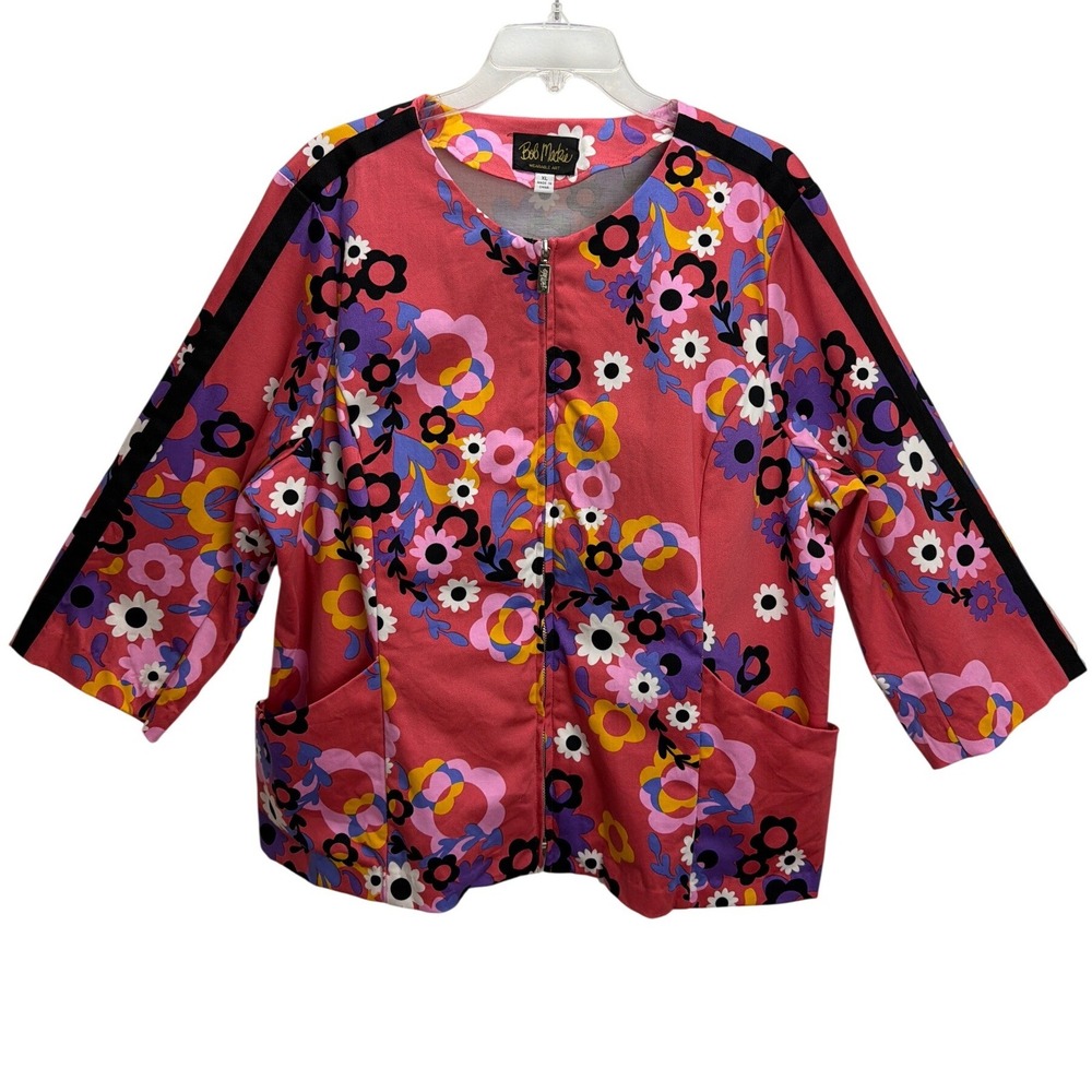 Bob Mackie Floral Full Zip Jacket Blazer XL 3/4 Sleeves Wearable Art Lightweight